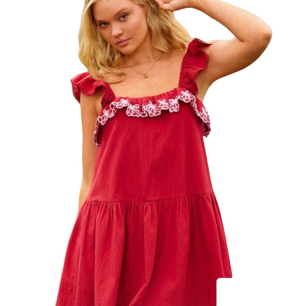 WESTFADE 100% Washed Cotton Cherry & Bow Embroidered dress